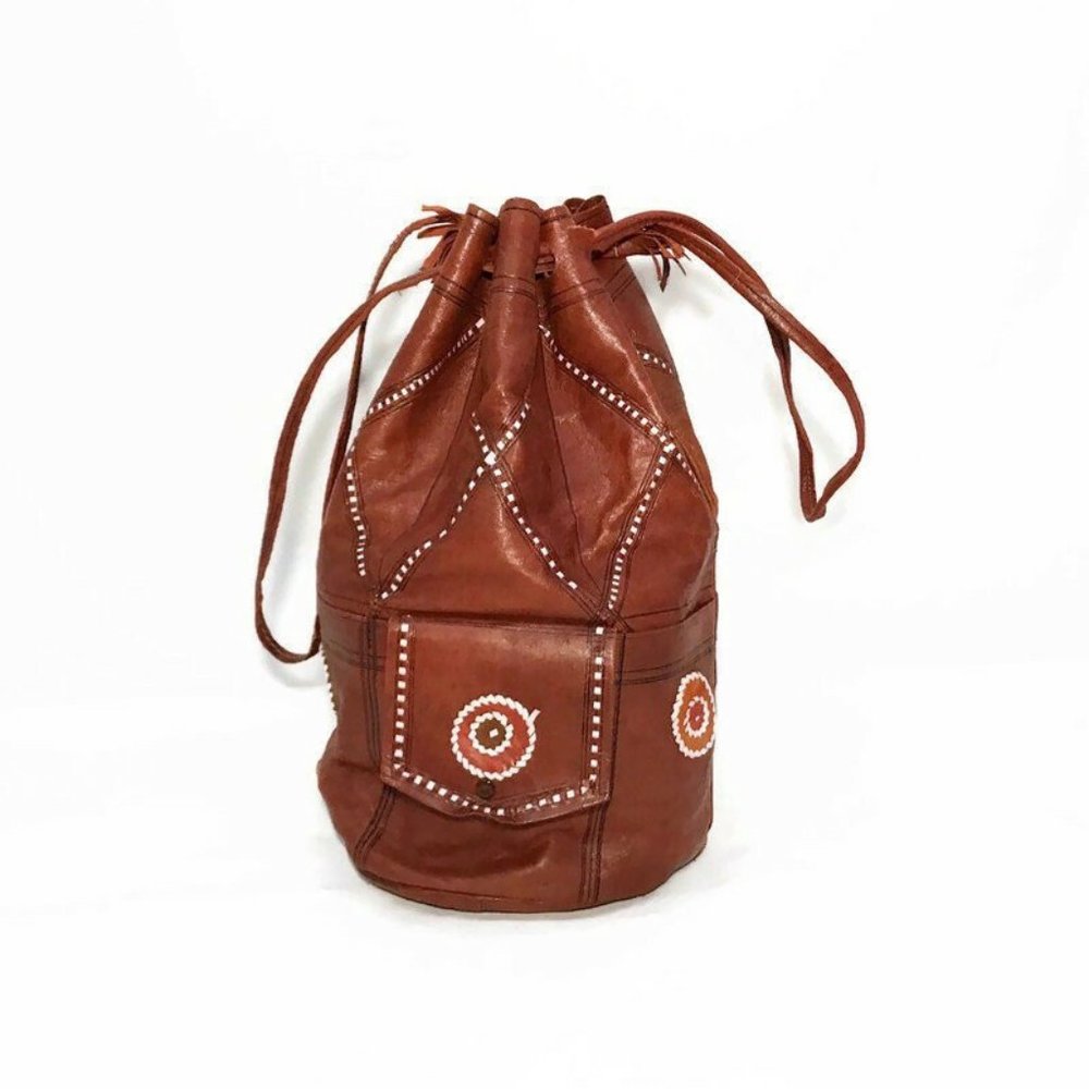Vintage Hobo Bag Brown Leather Hippie Boho Satchel Drawstring Purse Duffel